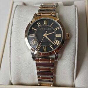 Anne Klein Womens Silver Gold Wrist Watch Black Roman Numeral Dial New Tags